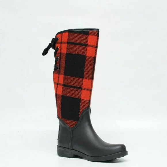 Coach Tristee Rain Boots Red Black Buffalo Plaid Tartan Womens 6B Lace Up Rubber - Picture 2 of 9